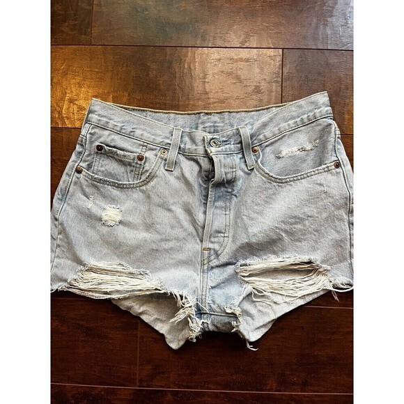 Levis 501 Button Fly Distressed Waterless Light Wash Cut Off Jean Short Sz 29 - Picture 1 of 9